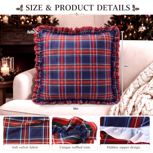 Irenare 2 Pack Christmas Plaid Ruffled Pillow Covers 18x18 Inch, Red & Navy Blue