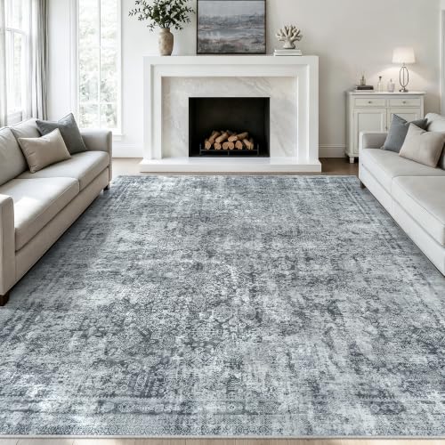 8x10 Black Grey Washable Area Rug - Soft Abstract Living Room Carpet - Non-Slip