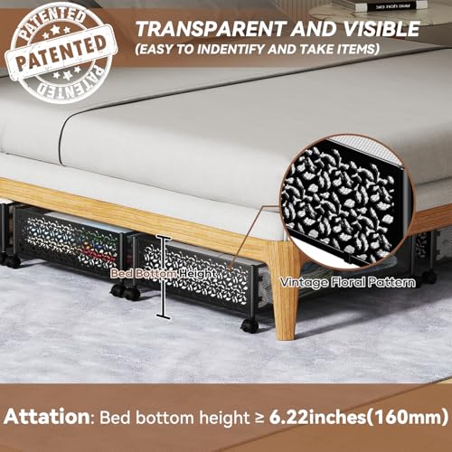 PHINOX Black Under Bed Storage with Wheels - 4 Pack, Foldable Metal Bins, 15.7x23.6"