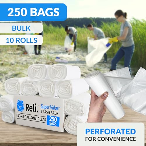 Heavy Duty Clear Trash Bags with Twist Ties 250 Count 40-45 Gallon