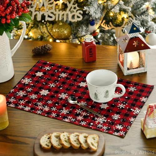 Artoid Mode Red and Black Buffalo Plaid Snowflake Christmas Placemats Set of 12, 12x18 Inch Winter Table Mats for Holiday Dining