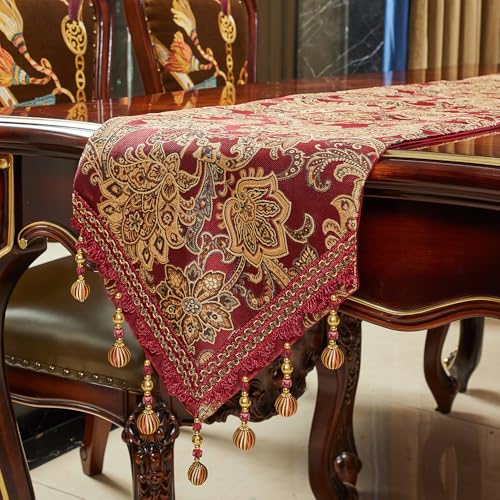 LUFEIJIASHI Luxury Vintage 12x72 Inch Table Runner with Embroidery Jacquard Red Tassels