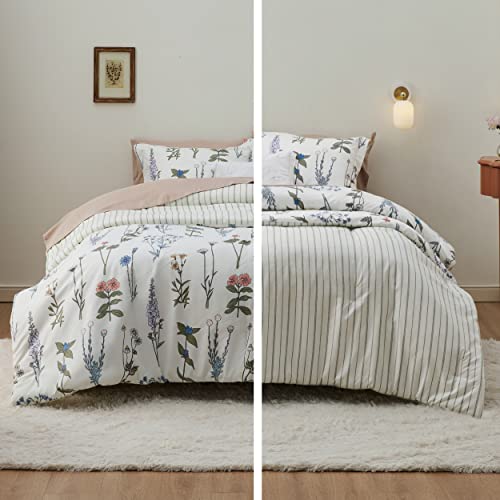Bedsure Floral Queen Comforter Set - White Soft & Fluffy Fall Bedding, 3 Pieces