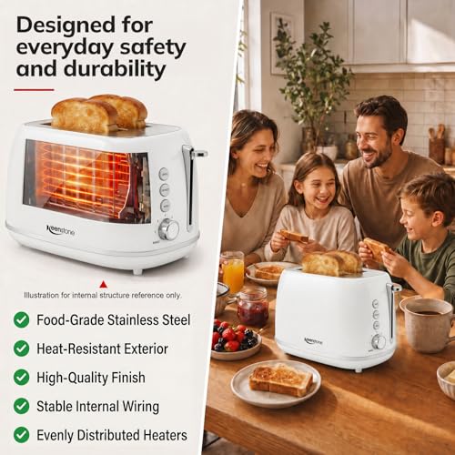 Keenstone 2 Slice Retro Stainless Steel Toaster - White Kitchen Appliance