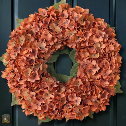 21-Inch Artificial Fall Hydrangea Wreath for Front Door Decor - Orange, Lush & Durable