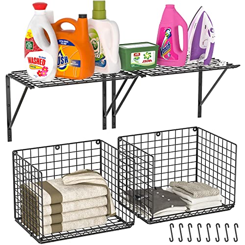 Laundry Room Wall Shelf with Wire Basket & Hooks - Black, Standard Variation
