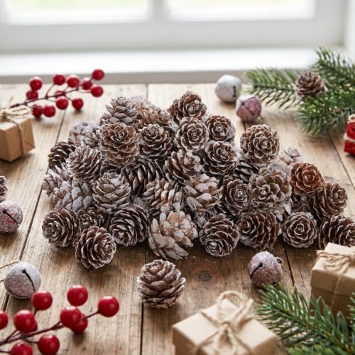 Snow 220 Pcs Christmas Mini Pine Cones Natural Snow Effect Decor - Small Xmas Craft Supplies