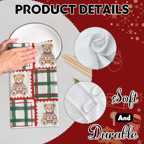 2Pcs Teddy Bear Christmas Kitchen Towels – Plaid & Tree Border Set