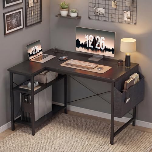 TIQLAB 40 Inch L Shaped Gaming Desk with Power Outlets - Reversible Corner Workstation, Black