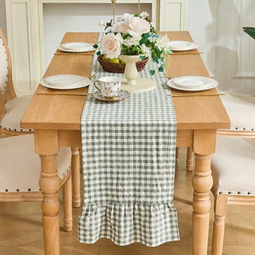 Sage Green Gingham Plaid Ruffle Table Runner 13 x 108 Inch - Farmhouse Cotton