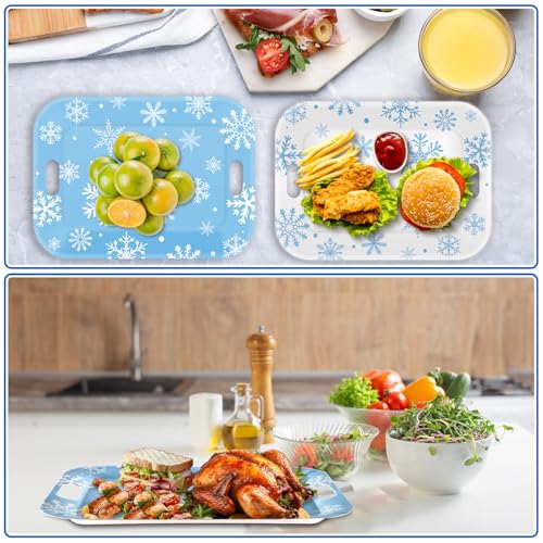 2Pcs Blue White Snowflake Melamine Serving Trays 16x11in - Winter Rectangular Platters with Handles