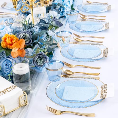 DaYammi 350pcs Clear Blue Plastic Dinnerware Set for 50 Guests - Includes Plates, Utensils, Cups & Napkins