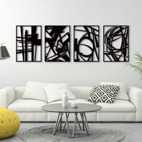 Glamativity 4 Pack Black Abstract Metal Wall Art - 16 x 11 Inches, Minimalist 3D Line Art Decor for Living Room & Bedroom
