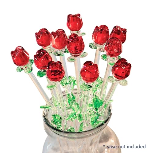 12 Pack Red Roses Crystal Figurines - Handmade Long Stem Gift Set