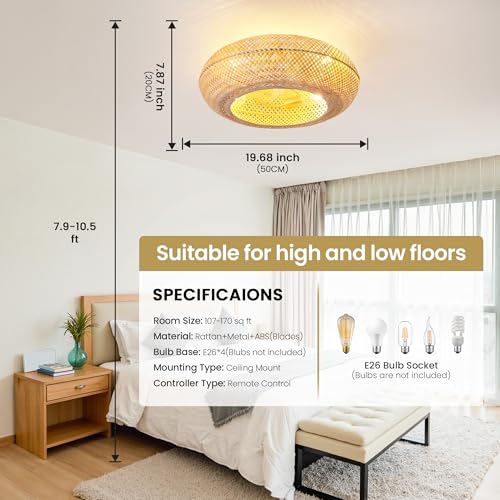 Bamboo Ceiling Fan with Lights 20 Inch Low Profile Rattan Farmhouse Fan - Remote Control