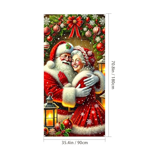 Christmas Door Cover Decoration - Santa & Mrs. Claus Backdrop, 71 x 35 Inch Hanging Cover, Funny Santa Banner for Christmas Party, New Year Photo Booth, and Holiday Decor