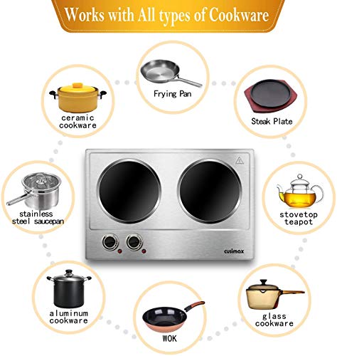 CUSIMAX Double 1800W Electric Hot Plate - Silver Cooktop with Independent Controls