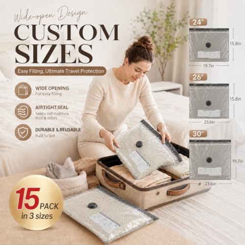Vacuum Storage Bags with Pump 15-Piece Combo Set - Space Saver Travel Packing Cubes for Clothes & Bedding