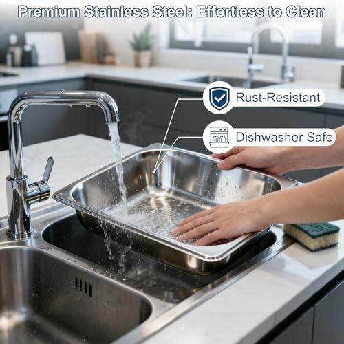 1/2 Size Stainless Steel Hotel Pans with Lids - 4 Pack, 4 Inch Deep, Commercial Food Storage & Catering