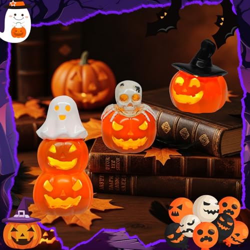 Rileryan 3 PCS Halloween Jack O Pumpkin Figurines Skull Ghost Figurine for Halloween Spooky Haunted Decor Gifts Home Kitchen Indoor Tabletop Tiered Tray Fireplace Decoration