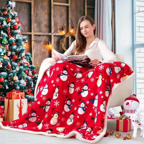 Touchat Sherpa Fleece Throw Blanket 50" x 60" Red Snowman - Cozy Christmas Plug-in