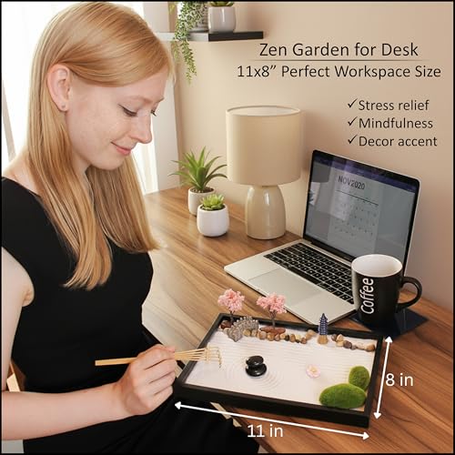 Mini Zen Garden Desk Decor Kit with Rakes, Rocks & Pagoda - 11x8in