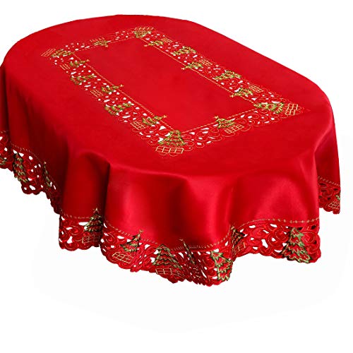 Grelucgo Super Large Embroidered Christmas Holly Tree Tablecloth 57x120 Inches Oval