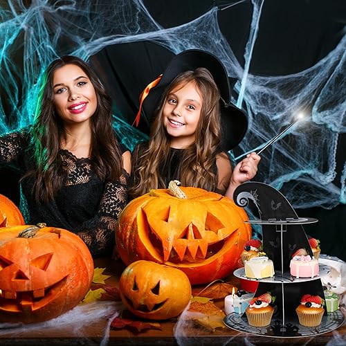 Zopeal 3-Tier Halloween Cupcake Stand (Classic) Cardboard Dessert Tower - Pumpkin, Bat & Witch Hat Theme
