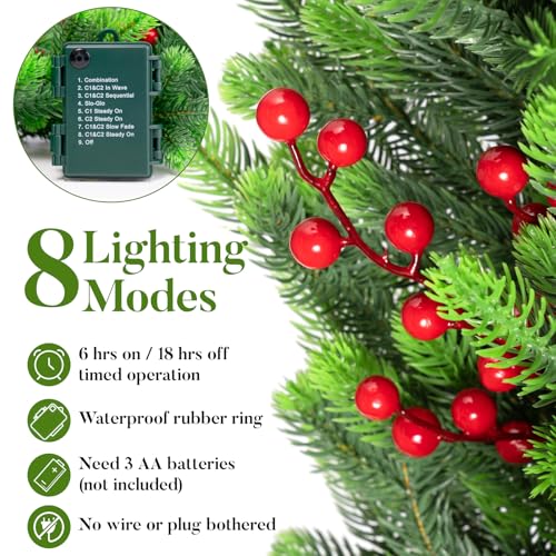 Amazqi 6FT Pre-Lit Christmas Garland with Red Berries, 30 LED Lights & 8 Modes