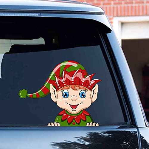 Cute Christmas Santa Claus Peeking Car Sticker - Reindeer Snowman Window Bumper Decal - Waterproof Vinyl Vehicle Truck Laptop Wall Decoration (Cute Elf)