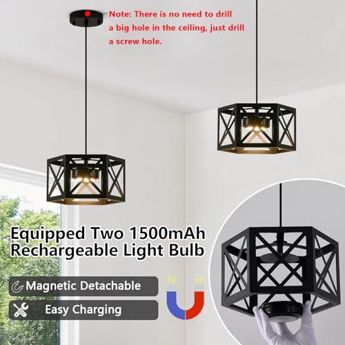 Black Rechargeable Pendant Lights 2 Pack - Modern Farmhouse Hanging Ceiling Lamps for Kitchen