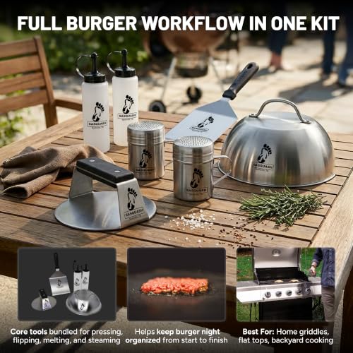 Burger Smash Set - 5 Piece Griddle Kit with Press, Spatula, Dome & Bottles - Combo