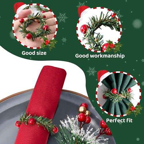 APTWOW Christmas Napkin Rings Set of 12 - Red Berry Wreath Napkin Holder, Holiday Christmas Napkin Rings for Table Decorations, Dinner Party, and Winter Weddings