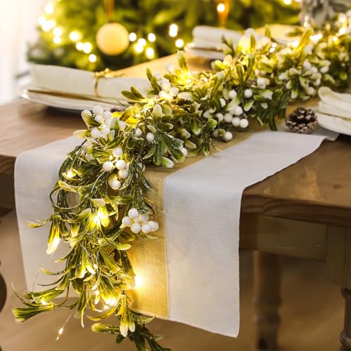 Janinka 4-Pack 24ft LED Christmas Mistletoe Garland with White Berries