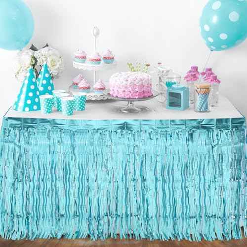 2 Pack Shiny Wavy Tinsel Foil Fringe Table Skirts Table Decorations for Mermaid Birthday Decorations, Summer Beach Theme, Ocean Tropical Shark Luau Birthday Party Decor (Teal Blue)