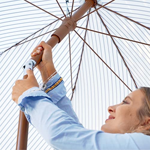 7ft Patio Umbrella with Fringe Navy Blue Stripes UPF50+ Tilt & Steel Pole