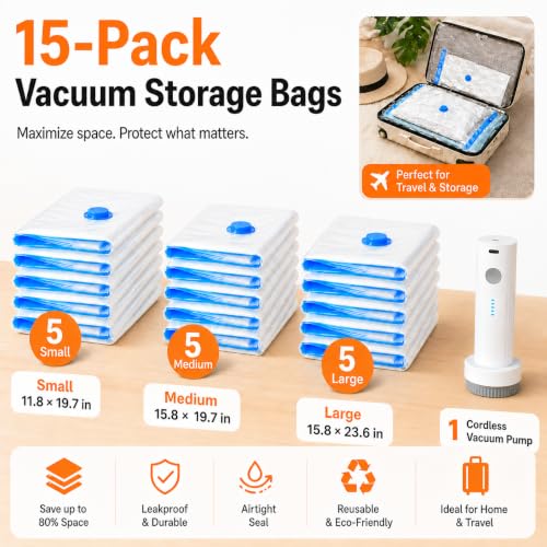Clear 15 Pack Vacuum Storage Bags with Rechargeable Pump - Space Saving Travel & Dorm Organizer