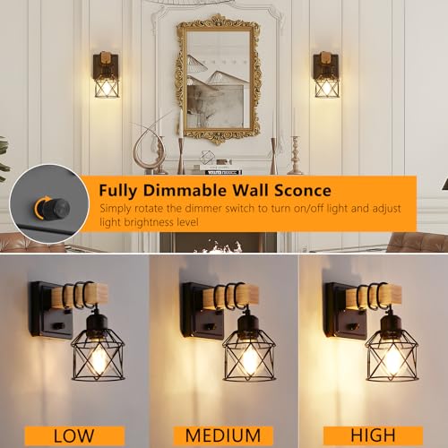 Dimmable Wall Sconces Set of Two with Rotary Switch, Black Farmhouse Bathroom & Bedroom Light Fixtures