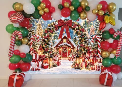 8x6FT Christmas Backdrop with Red Cabin Winter Scene Arch – CINRAY