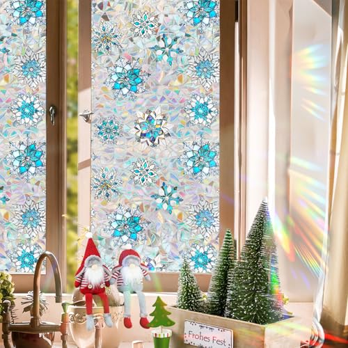 Niviy Christmas Window Clings 16.93 x 39.37in – Stained Glass Snowflake Film, Static Cling, Rainbow Shadows, Indoor/Outdoor Holiday Decor