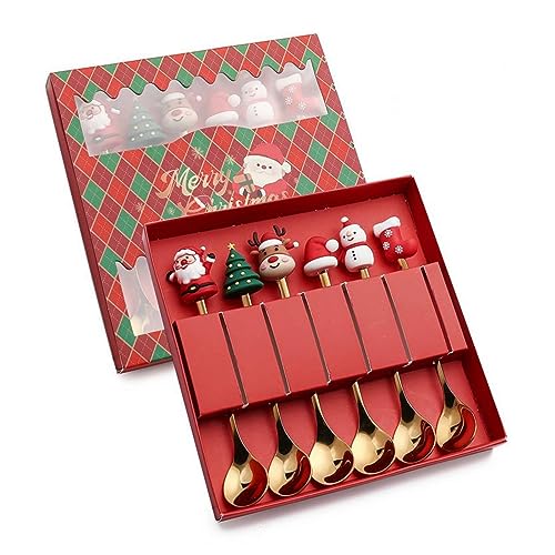 Stainless Steel Christmas Tree Spoon Set 6pcs | Santa Snowman Holiday Tableware Gift