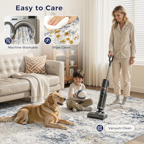8x10 Beige Blue Abstract Washable Area Rug for Living Room, Non-Slip, Soft Polyester
