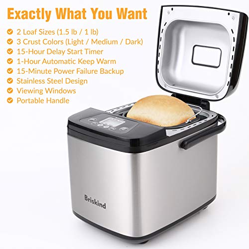 Briskind 1.5 lb Compact Bread Maker Machine with Carrying Handle - Stainless Steel, 19 Programs