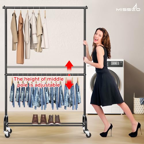 Heavy Duty Clothing Rack with Wheels - Adjustable Double Garment Rack, Black - 77.5" Tall, Supports 150 lbs