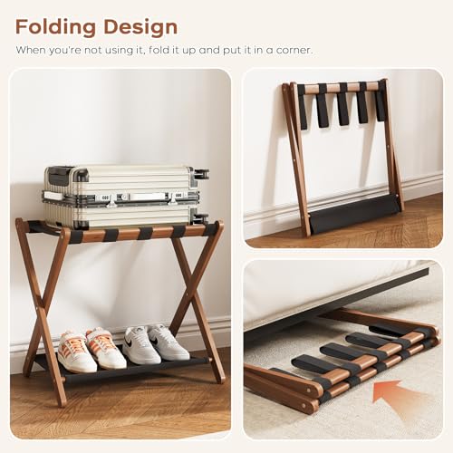 Walnut Luggage Rack Set of 2 - Foldable Suitcase Stand with Storage Shelf