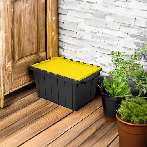 12-Gallon Stackable Plastic Storage Tote with Hinged Lid - Black and Yellow, 1 Pack