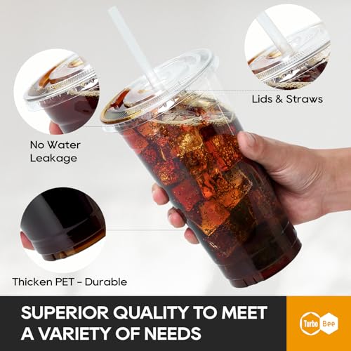 Turbo Bee 100 Pack 32 OZ Clear Plastic Cups with Lids & Straws for Cold Drinks