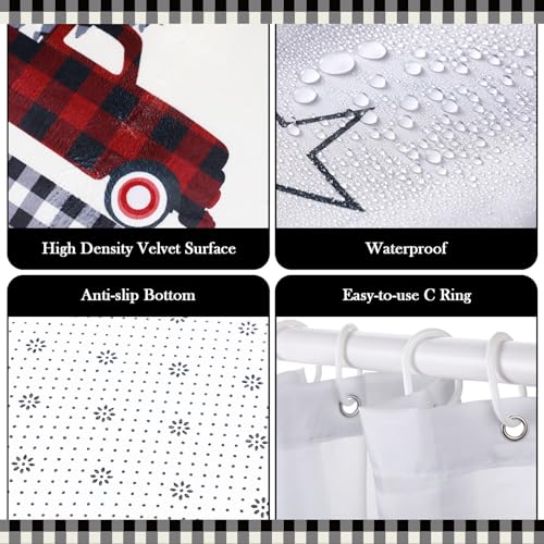 Capoda Plaid 4-Piece Merry Christmas Bath Set: Shower Curtain, 12 Hooks, Non-Slip Rug, Toilet Lid Cover & U-Shape Mat