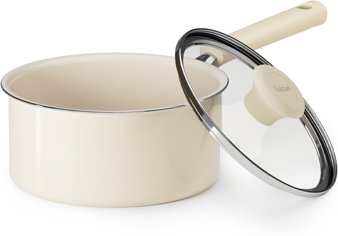 Redchef Ceramic Nonstick Saucepan - 2.5QT Non-Toxic Cooking Pot with Lid | PFAS-Free, Cool Handle, White
