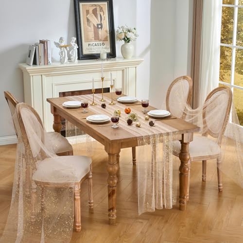 Fanami Beige Gold Glitter Tulle Table Runner 10ft x 28in (2pc) for Wedding & Party